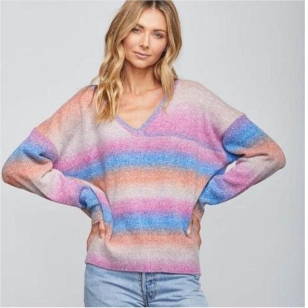 Sundays NYC Andre Rainbow Ombre Striped Sweater Oversized Slouchy V Neck